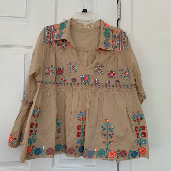 LUXE MODA Sheer Tan Bell Sleeved Embroidered Cross Stitched and Sequined large - Picture 1 of 8